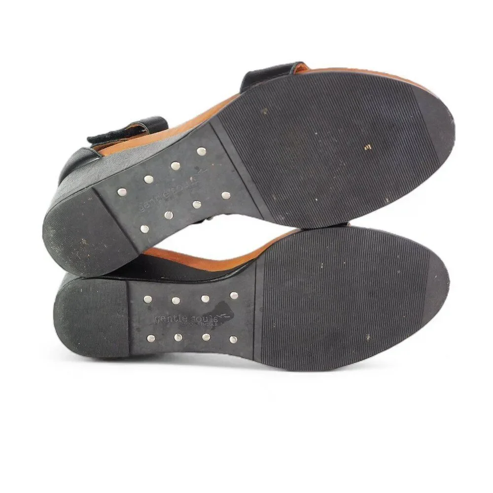 Gentle Souls by Kenneth Cole Hey Gabe‎ T-Strap Open Toe Wedge Black Women's 8.5M